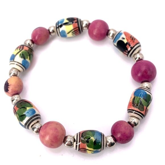 Peruvian Stretch Bracelet With Hand Painted Ceramic Alpaca Beads Pink Blue Green - Picture 1 of 4